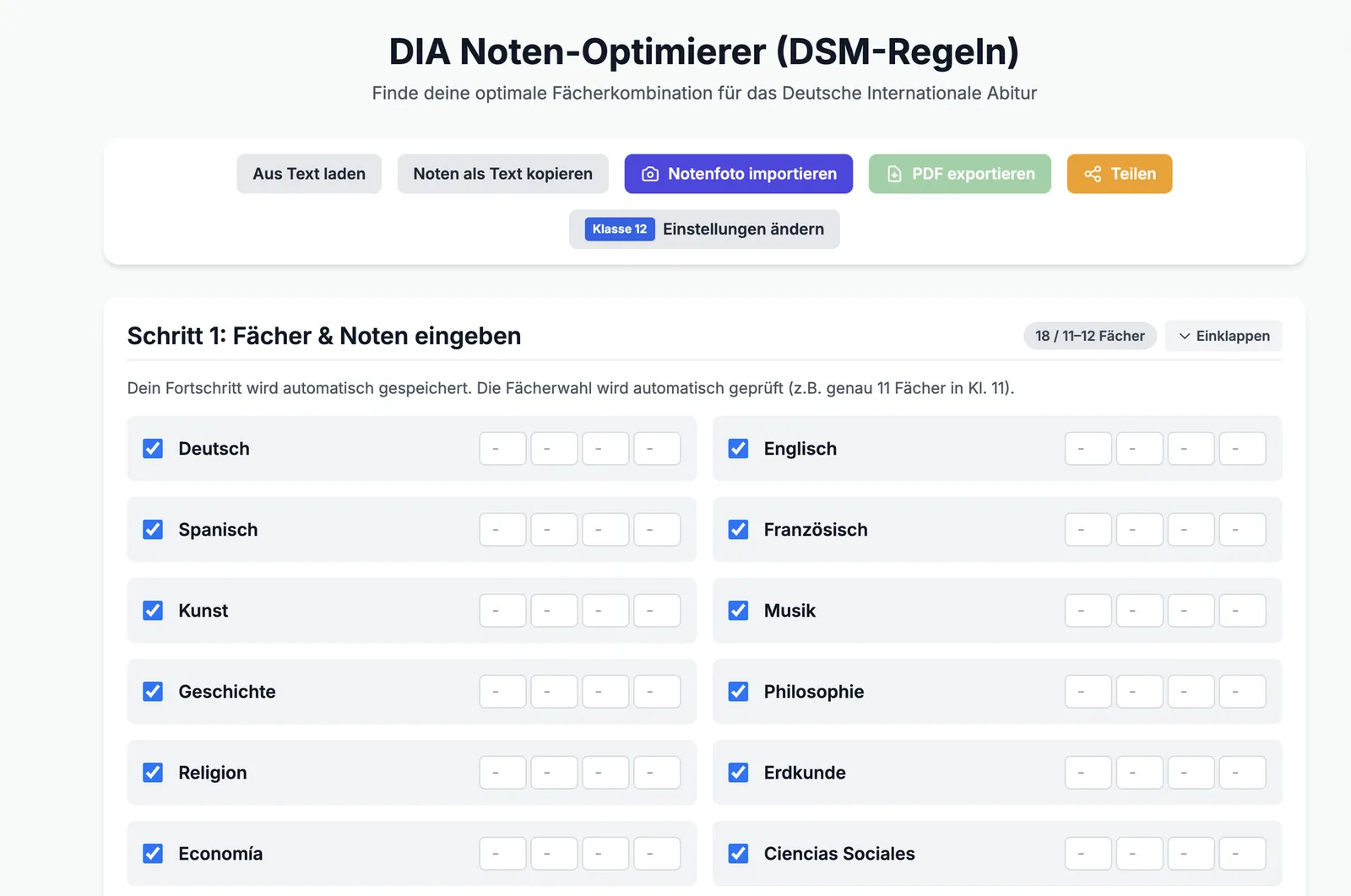 Live AbiRechner grade optimizer interface with German Abitur subjects